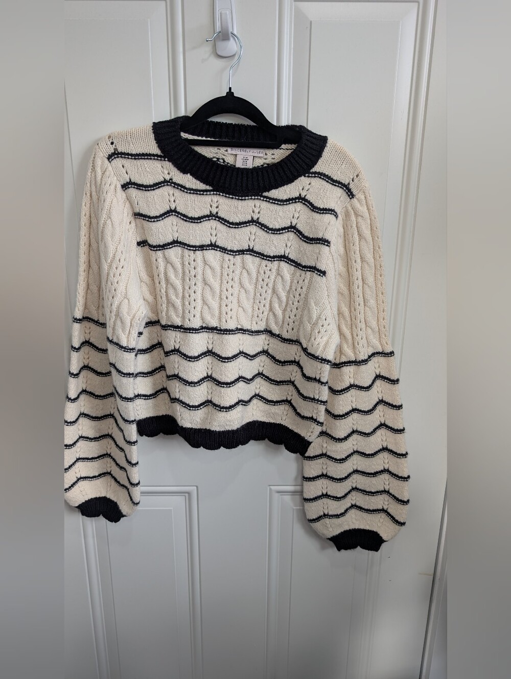 Sincerely Jules Cream Cable-Knit Sweater with Black Stripes Medium